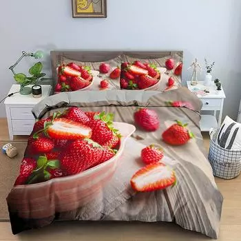 Розовый клубничный милый комплект постельного белья, пододеяльник, комплект с 3D-принтом, фруктовый узор, пододеяльник, наволочка размера King Queen для детей, мальчиков и девочек 70x133cm 2pcs