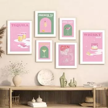 Розовый коктейль Виски Мохито Текила Напитки Плакаты Печать Холст Картина Скандинавские настенные картины Для декора кухни, бара 21X30cm No Frame