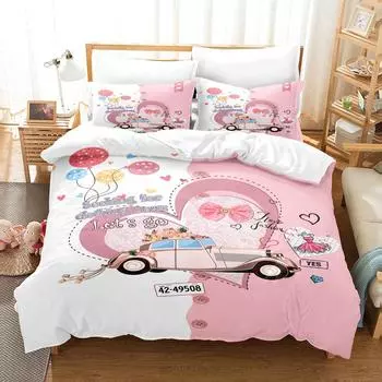 Розовый комплект постельного белья Романтическая тематика Любовь Сердце Свадебный автомобиль Пододеяльник Комплект King Queen Полный размер для детей Девочек Женщин Покрывало 70x133cm 2pcs