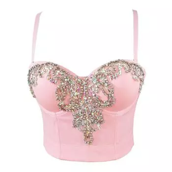Розовый корсет со стразами и стразами, бюстгальтеры-корсеты с эффектом пуш-ап, укороченный топ для клуба, вечеринки, сцены, бального зала, бюстье S розовый