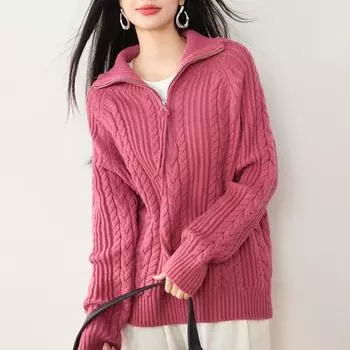 Розовый красный лацкан Twist свитер женский полумолния вязаный кардиган куртка новый поздняя осень ранняя зима наряд S