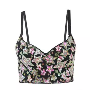 Розовый красочный контрастный топ с блестками и звездами, корсет на груди, бюстгальтеры с мягкой подкладкой, укороченный топ с пуш-ап, женский карнавальный клубный вечерний укороченный dj ds Evening 34B чёрный