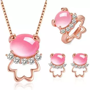 Розовый кристалл медведь медведь держит кольцо серьги кулон ожерелье набор имитация камня гибискуса продвинутый сенсорный мультяшный медведь аксессуары