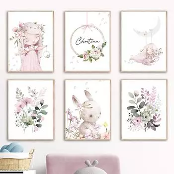 Розовый кролик для девочек, имя цветка на заказ, настенное искусство для детской комнаты, печать на холсте, картина с кроликом, постер, мультяшная картина для декора детской комнаты A4 21X30cm No Framed