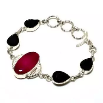 Розовый кружевной агат, черная шпинель, драгоценный камень 925, посеребренный браслет 6–8 дюймов