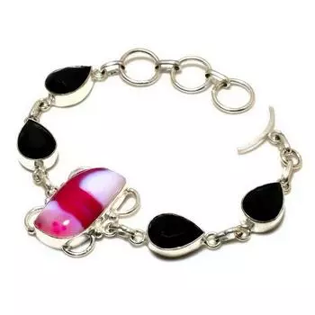 Розовый кружевной агат, черная шпинель, драгоценный камень 925, посеребренный браслет 6–8 дюймов