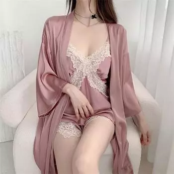 Розовый кружевной халат невесты свадебный женский комплект из 3 предметов пижамы шелковистый атласный кимоно халат платье весна-лето свободная атласная домашняя одежда L