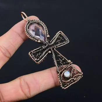 Розовый кунцит, драгоценный камень, чистая медная проволока, обернутая подвеской ручной работы Анк, ювелирное изделие, подарок