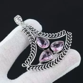 Розовый кунцит, драгоценный камень, подвеска ручной работы из драгоценного камня высшего качества, подвеска из стерлингового серебра 925 пробы, антикварная подвеска, подвеска из трех камней для подарков 2.36 розовый