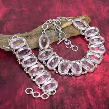 Розовый кунцит из стерлингового серебра 925 пробы, ожерелье и браслет, комплект ювелирных изделий, красивые ювелирные изделия из драгоценных камней, регулируемые ювелирные изделия ручной работы Adjustable With 8 -18 розовый