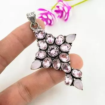 Розовый кунцит, розовый халцедон кулон, 925 цельное серебро кулон ручной работы драгоценные камни ювелирные изделия, подарки для жены абсолютно новый кулон 1.85 Inches розовый