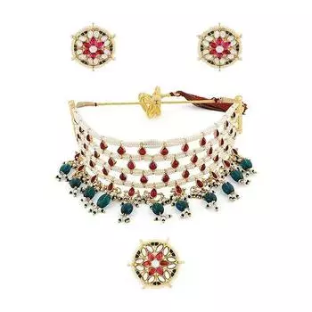 Розовый кундан и зеленые бусины колье ожерелье серьги и кольцо комплект для женщин