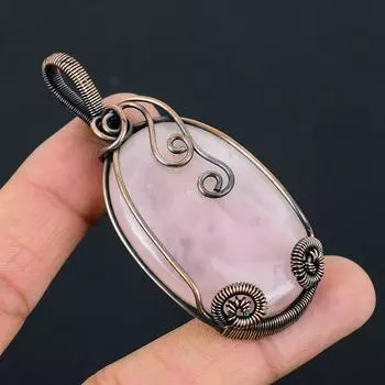 Розовый кварц Драгоценный камень Чистая медная проволока Обернутая ювелирная подвеска ручной работы 2.87 Inches розовый