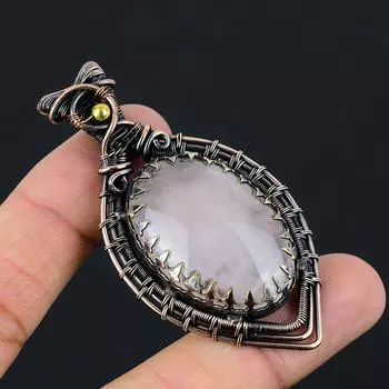 Розовый кварц Драгоценный камень Чистая медная проволока Обернутая подвеска ручной работы Ювелирный подарок 2.76 Inches розовый