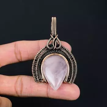 Розовый кварц, драгоценный камень, кулон ручной работы из чистой медной проволоки, обернутый ювелирными изделиями на День Благодарения 2.95 Inches розовый