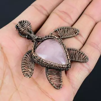 Розовый кварц, драгоценный камень, медная проволока ручной работы, ювелирное изделие, подвеска в форме черепахи для нее 2.44 Inches розовый