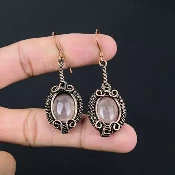 Розовый кварц, драгоценный камень, серьги ручной работы из чистой медной проволоки, ювелирные изделия на День Благодарения 2.56 Inches розовый