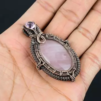 Розовый кварц и кунцит, драгоценный камень, обертка ручной работы из чистой медной проволоки, красивая ювелирная подвеска 2.40 Inches розовый