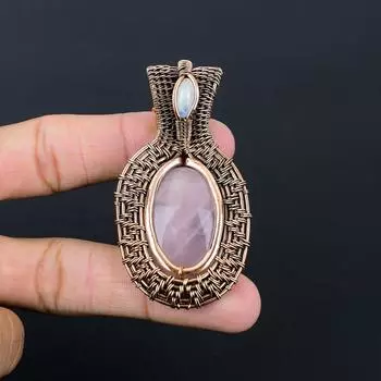 Розовый кварц и лунный камень, драгоценный камень, обертка из чистой медной проволоки ручной работы, красивая ювелирная подвеска 2.56 Inches розовый