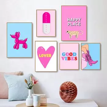 Розовый леопардовый принт в виде сердца и глаз, настенное искусство, охлаждающий воздушный шар, собака, холст, постер, сапоги ковбойши, фотографии, мультяшный декор комнаты в общежитии 21x30cm No Framed