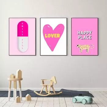 Розовый Леопардовый Сердце Глаз Опрятный Плакат Принт Стены Искусства Холодная Таблетка Воздушный Шар Собака Холст Сапоги Пастушки Картинки Мультфильм Декор Комнаты В Общежитии 21X30cm No Frame