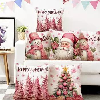 Розовый лось Рождественская наволочка Льняная наволочка с буквенным принтом Праздничное украшение для гостиной Чехол для подушки для дивана Чехол для подушки 45*45CM