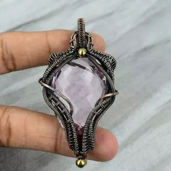 Розовый медный кулон из кунцита, обмотанный медной проволокой, ювелирные изделия из кунцита, кулон из драгоценного камня ручной работы, обмотанный проволокой, ювелирные изделия для матери, подарок для нее