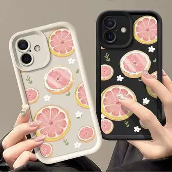 Розовый милый чехол для телефона с рисунком грейпфрута для iPhone 16 Pro Max 15 Plus 14 13 Pro 12 11 XR, защита объектива, ударопрочный мягкий силиконовый чехол TPU iPhone 16 чёрный