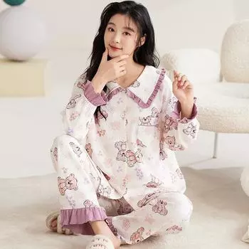 Розовый милый медведь пижамный комплект для женщин с длинными рукавами и длинными штанами осень-зима кавайная пижама мягкая пижама для девочек уютная хлопковая пижама M