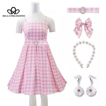 Розовый милый модный винтажный клетчатый костюм для косплея на шнурке, длинное платье с высокой талией, женское модное платье, женская одежда для косплея XS