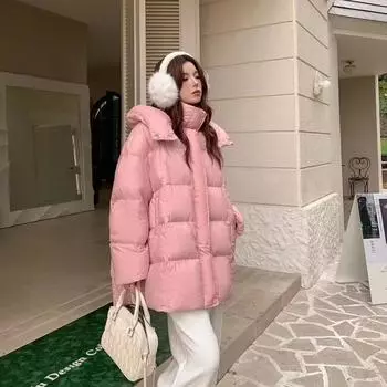 Розовый милый пуховик с капюшоном средней и длинной длины для женщин 2024 года, новинка зимы, белый пуховик на утином пуху, куртка One size бежевый