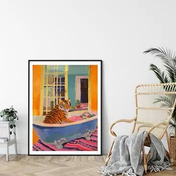 Розовый модный тигр в ванной настенные художественные постеры максималистские картины на холсте с изображением животных скандинавские принты картинки для ванной комнаты домашний декор 21x30cm No Framed белый