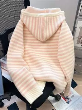 Розовый молочный fufu сладкий полосатый свитер с капюшоном женский осенне-зимний корейский ленивый ветер маленький вязаный кардиган куртка one size fits all розовый