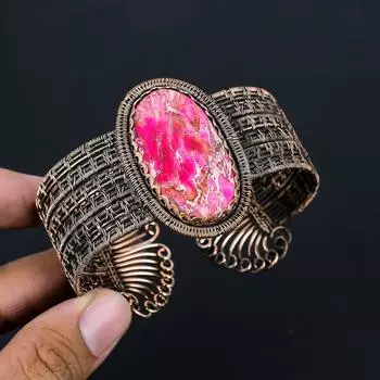 Розовый морской осадок, драгоценный камень, чистая медная проволока, манжеты ручной работы/браслет, регулируемые ювелирные изделия Adjustable розовый