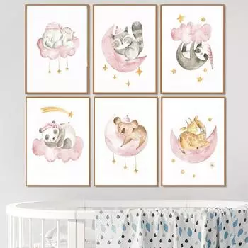 Розовый мультяшный настенный художественный спящий сафари с принтом животных, енот, жираф, слон, настенные постеры, холст, картина, декор для комнаты для маленьких девочек 21cm30cm NoFrame
