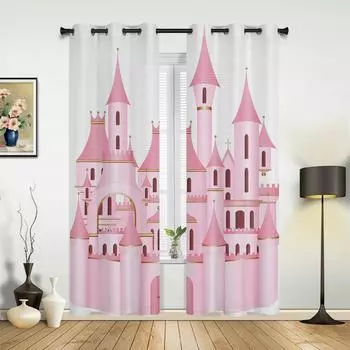 Розовый мультяшный замок, белые шторы для спальни, гостиной, кухни, детской комнаты, занавески для окна, современный домашний декор 135W x 60H(cm) x1