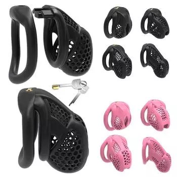 Розовый мужской замок на пенис, клетка целомудрия с замком, смола, девственность для мужчин, дышащее кольцо на член, фетиш на пенис, секс-игрушки Flat Ring-Black Nano