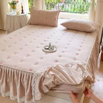 Розовый наматрасник для комнаты для девочек, покрывало, кружевная юбка для кровати, простыня с вышивкой в стиле (Наволочка Нужен заказ) 90x200cm 1pc