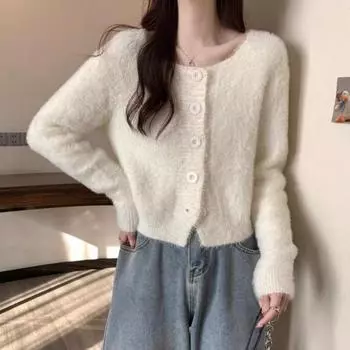 Розовый норковый флисовый свитер, кардиган, женский осенне-зимний высококачественный вязаный топ, милый мягкий клейкий короткий свитер, пальто One Size розовый