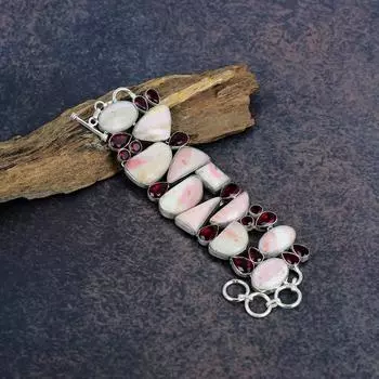 Розовый опал, ювелирные изделия из красного граната, браслет из стерлингового серебра 925 пробы, браслет ручной работы с драгоценными камнями на День памяти