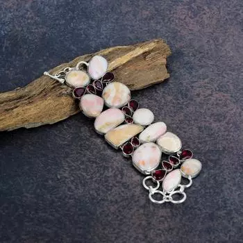 Розовый опал, ювелирные изделия из красного граната, браслет из стерлингового серебра 925 пробы, браслет ручной работы с драгоценными камнями на День памяти Adjustable with 8 inches розовый