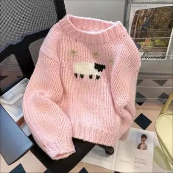 Розовый овечий женский вязаный свитер, милый стиль, верхняя одежда, женский пуловер с длинными рукавами, осенний свободный повседневный повседневный топ S розовый