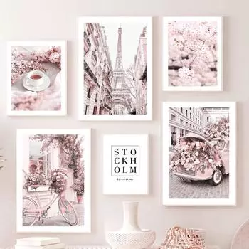 Розовый Парижская башня, холст, постер и принты, подоконник, цветок, автомобиль, велосипед, скандинавские настенные художественные фотографии для декора гостиной 21x30cm No Frame