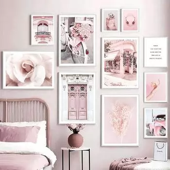 Розовый Парижский пейзаж, настенный художественный постер и принты, цветочное дерево, ретро велосипедная башня, Амстердам, холст, картина для комнаты, домашний декор 21x30cm No Frame