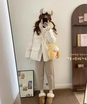 Розовый Parker tooling большой меховой воротник белая утиная пуховая куртка женская короткая 2024 новая корейская версия утолщенное зимнее пальто S 85~ 60 kg