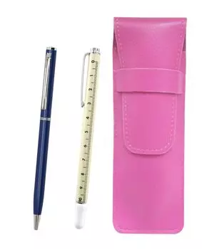 Розовый пенал из зернистой кожи со сдвижной измерительной линейкой и тонкой вращающейся шариковой ручкой синего цвета, набор SASP-708W-PD04-L