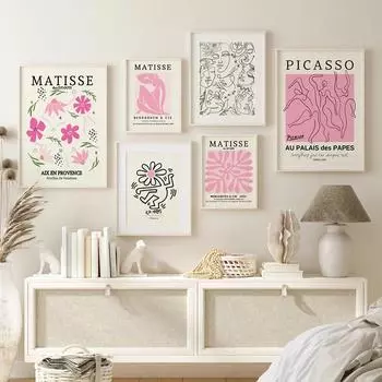 Розовый Пикассо танцоры музей художественная выставка плакат Кит линия женское лицо принты Матисс цветок настенная картина Декор в гостиную без рамки 21*30cm