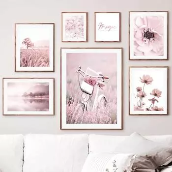 Розовый пион, озеро, велосипед, дерево, восход солнца, цветочный настенный художественный холст, картина, плакаты на скандинавскую тему и принты, настенные панно для декора гостиной A4 21X30cm No Framed