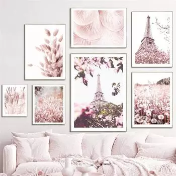 Розовый пион Париж Эйфелева башня холст картина цветок растение настенный художественный постер и принты украшение для гостиной спальня домашний декор A4 21x30cm No frame