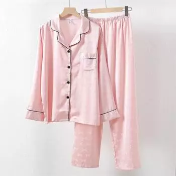 Розовый пижамный комплект с принтом банта, комплект из 2 предметов, женская домашняя одежда из вискозы, брюки с длинным рукавом, домашний костюм с лацканами, ночная одежда, повседневный наряд M розовый